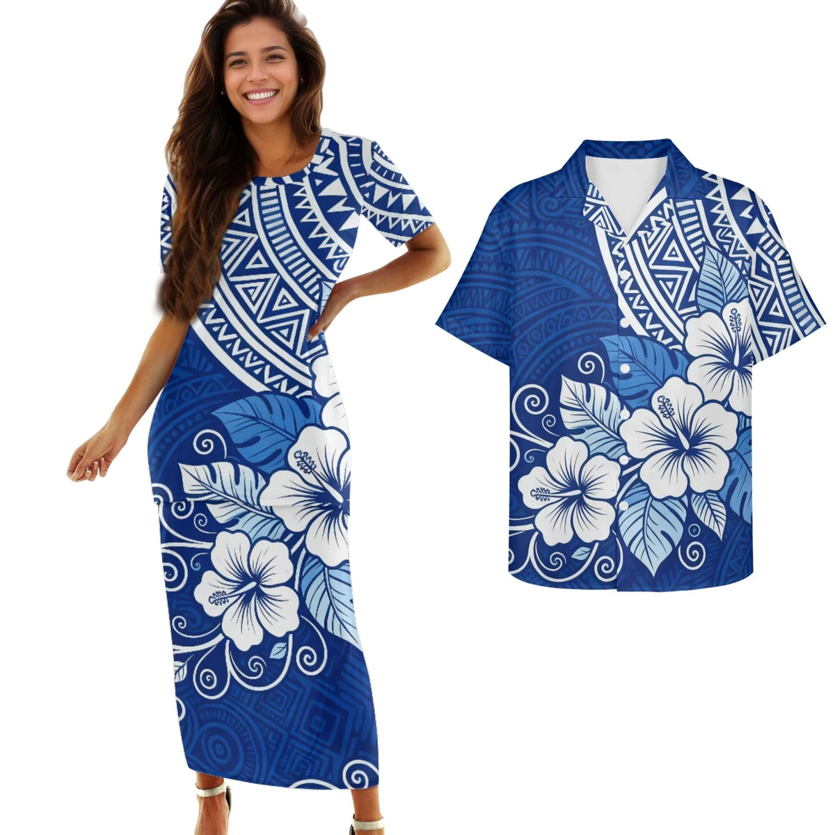Samoa Couple Outfit Polynesian Dress for Women Traditional Puletasi Shirts for Men Beach Lava Lava Luau