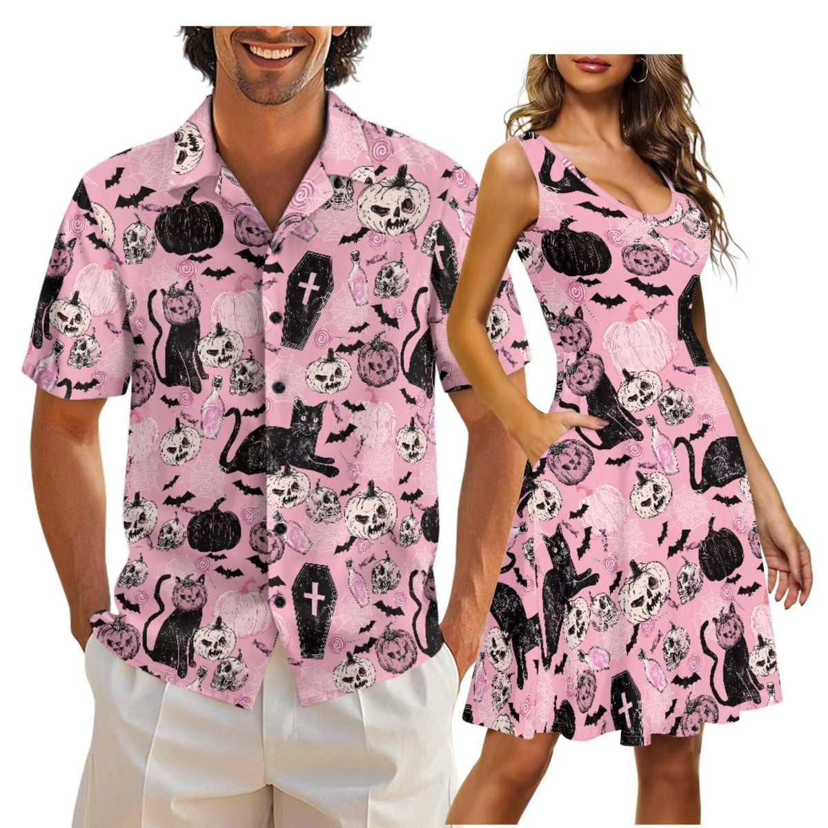 Cozeyat Matching Hawaiian Outfits for Couples Mens Button Up Polos Shirt and Women Sleeveless Sundress with Pockets