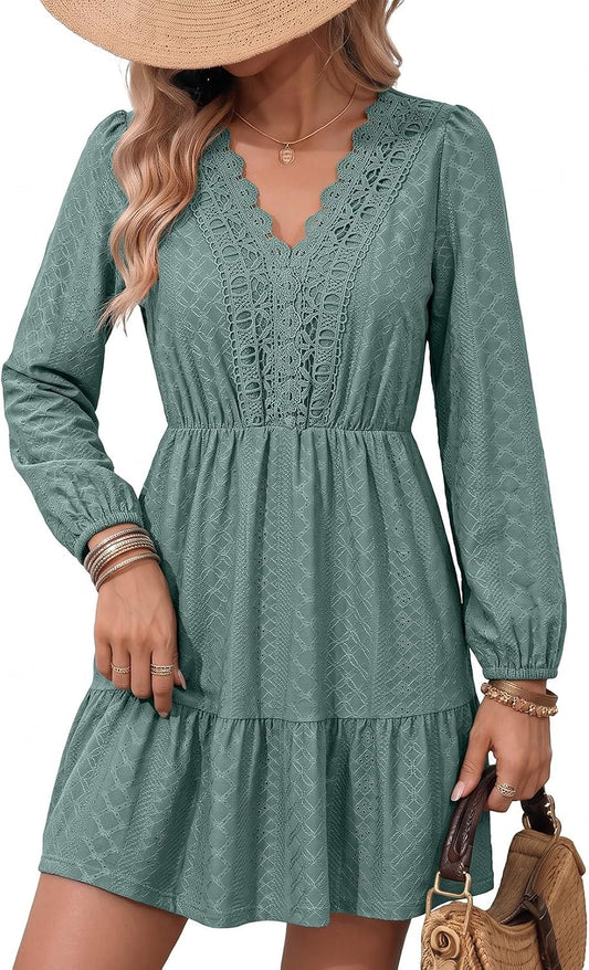 Dokotoo Womens Dresses Lace Hollow Out Embroidered V Neck Long Sleeve Dress
