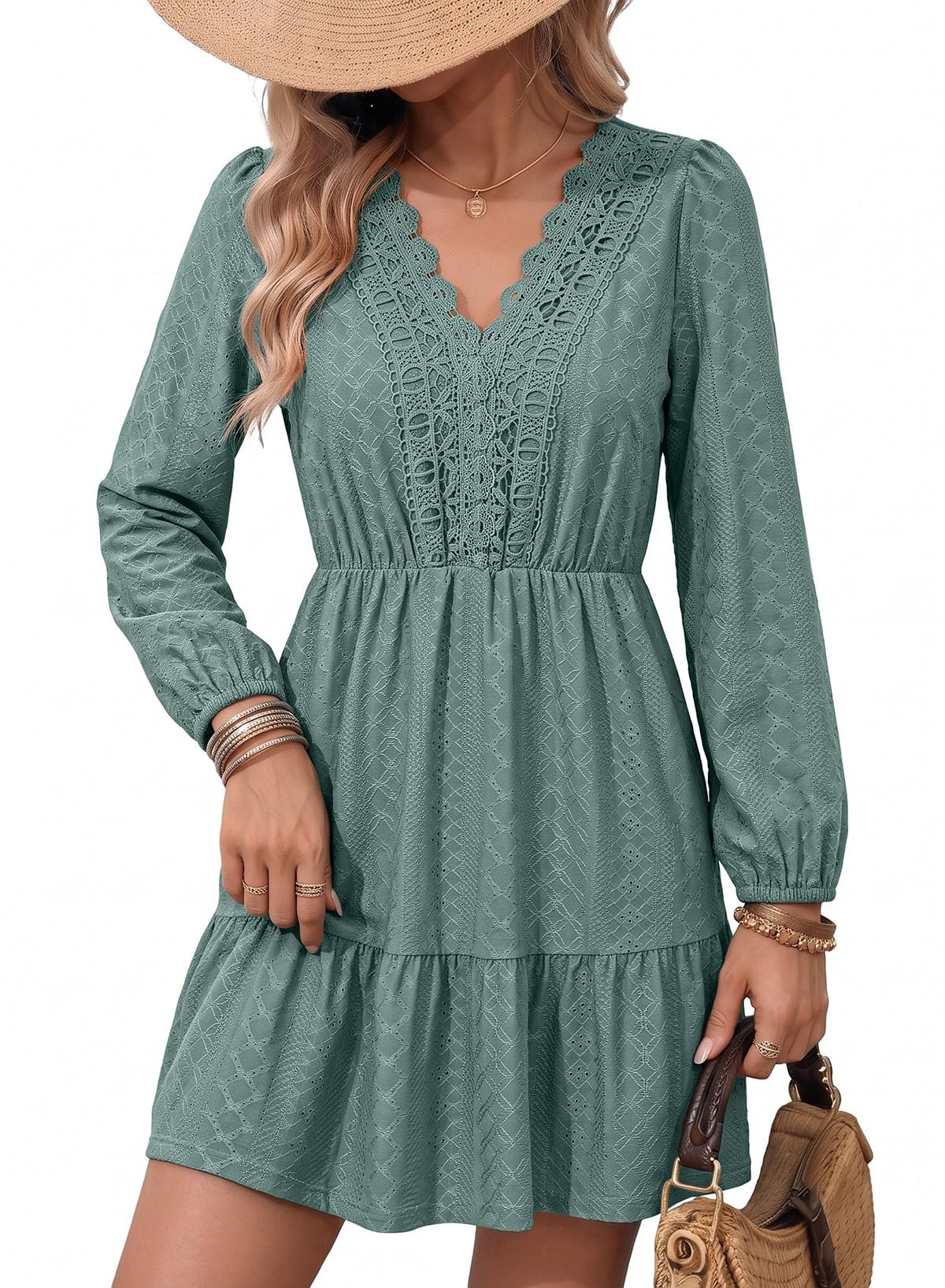 Dokotoo Womens Dresses Lace Hollow Out Embroidered V Neck Long Sleeve Dress
