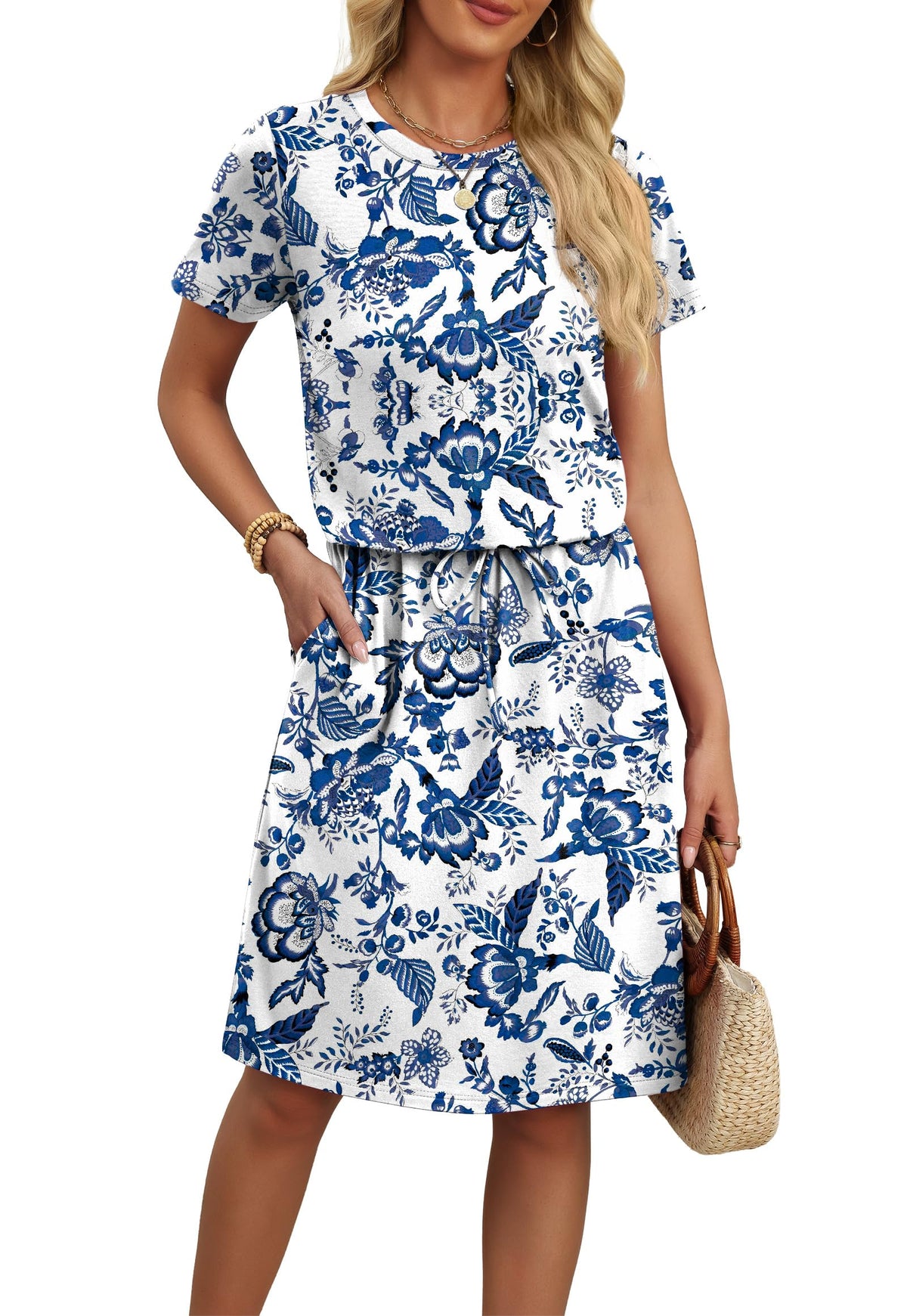 OFEEFAN Womens Summer Dresses Fashion Short Sleeve Crew Neck T Shirt Sundresses Casual Tie Waist with Pockets