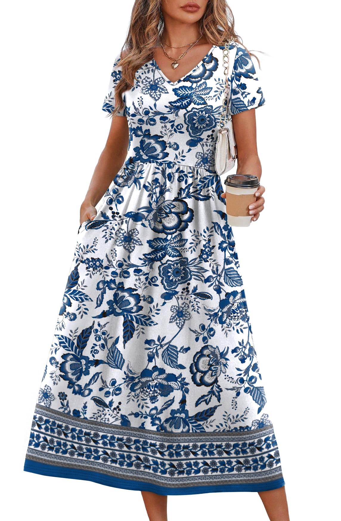 OFEEFAN Summer Dresses for Women Flowy Casual A-Line Midi Dress Beach Vacation Sundresses with Pockets S-2XL
