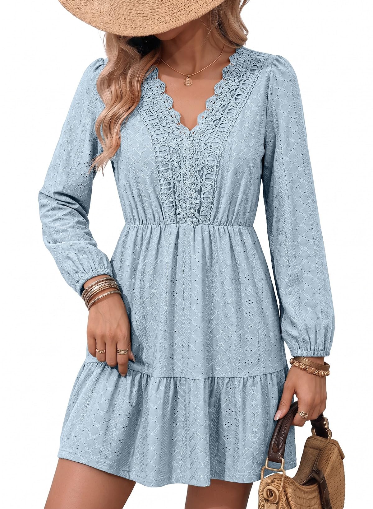 Dokotoo Womens Dresses Lace Hollow Out Embroidered V Neck Long Sleeve Dress