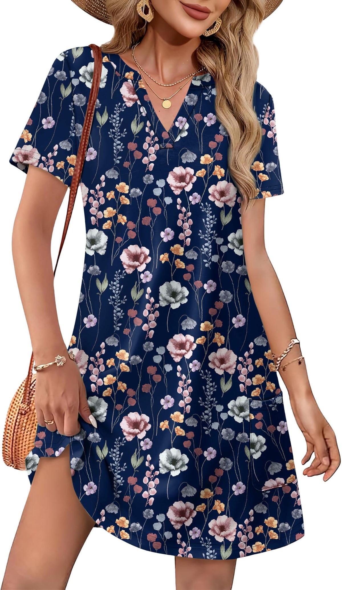 WIHOLL Summer Dresses for Women Casual V Neck Wedding Guest Dress Hawaiian Midi Dress Fashion Beach Vacation Clothes