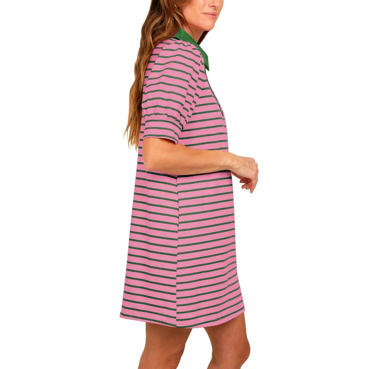 Imily Bela Women's Summer Lapel Collared V Neck Striped Dress Casual Puff Short Sleeve Polo Tshirt Dresses with Pockets
