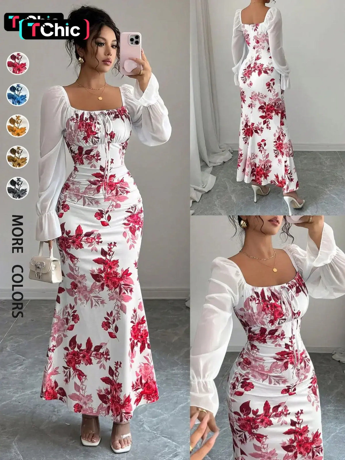 New Women's Floral Pattern Square Neck Tie Front Bubble Sleeve Chiffon Dress Summer Dresses, Casual Boho Breathable, Elegant Long Dress for Parties, Casual Wear, Chic Slim-Fit Dress for Spring, Summer and Fall, Boho Style Clothes
