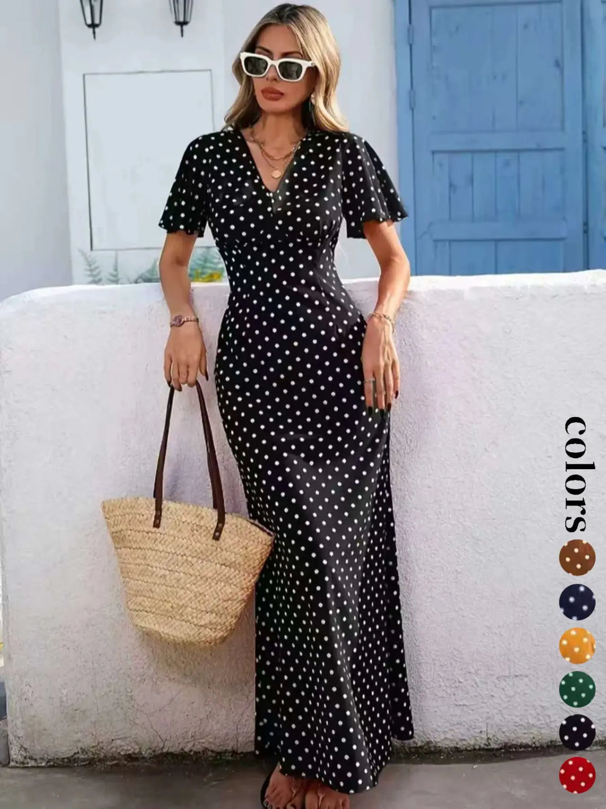 Women's Bohemian Boho Style V-Neck Short Sleeve Long Dress, Summer Casual Polka Dot Vacation Style, New European and American Fashion Casual Wear Boho Dresses