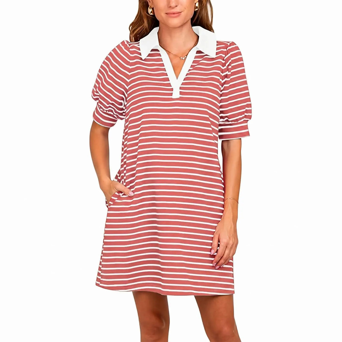 Imily Bela Women's Summer Lapel Collared V Neck Striped Dress Casual Puff Short Sleeve Polo Tshirt Dresses with Pockets