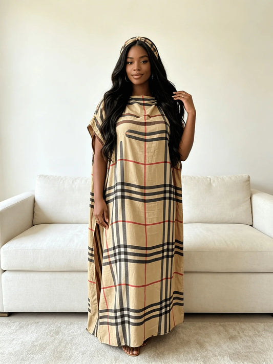 Women's Retro Grid Plaid Caftan Maxi Dress, Two-Piece with Scarf, Flowy Kaftan Robe, Beach Cover-Up, Vintage Bohemian Resort Wear