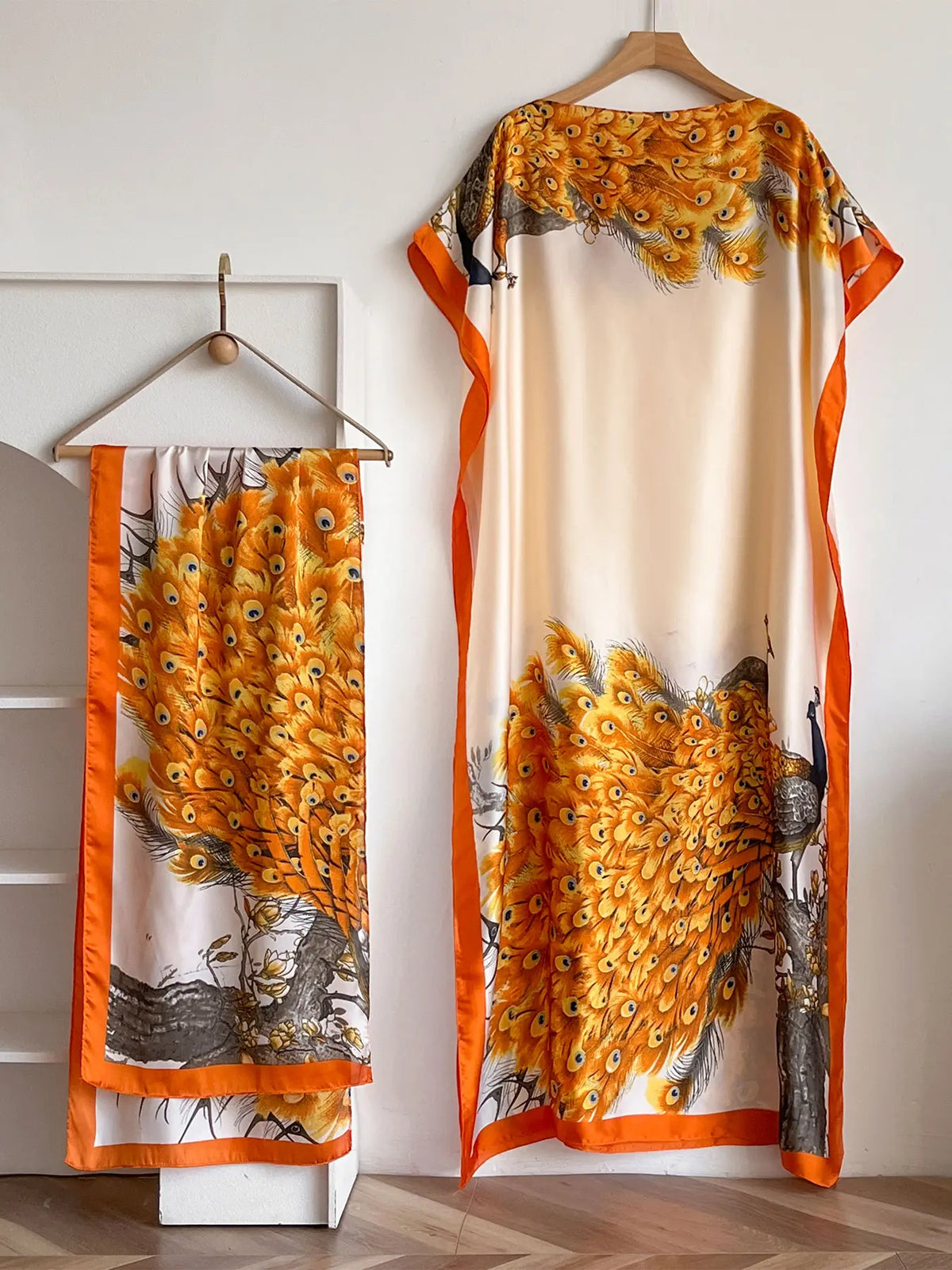 Women's Fashion Print Long Robe Outfit Set, Moomoo Dress + Scarf Headband, Casual Woven Fabric Thin All-Season Wear, Beach Sun Protection