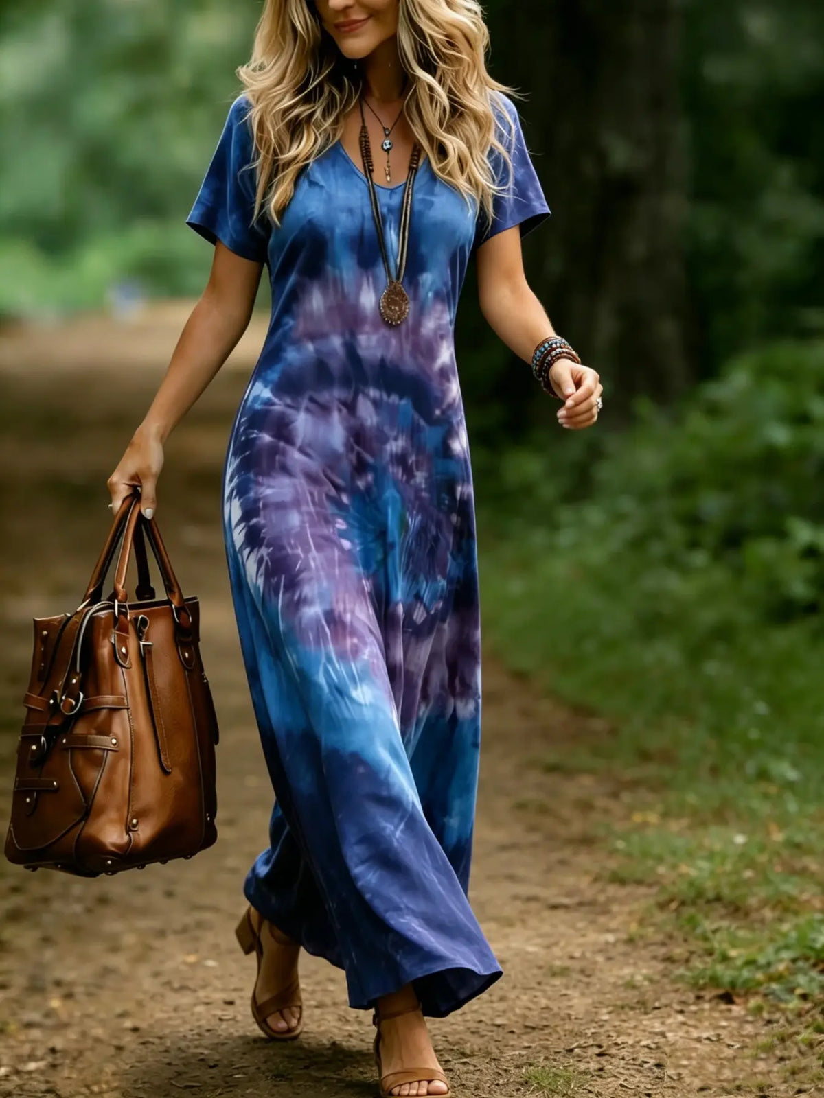 Plus Size Tie-Dye V-Neck Short-Sleeve Maxi Dress Casual Loose Fit, Y2K Clothes Summer Daily Wear, Bohemian Dresses, Casual Boho Fashion, Party Casual Wear