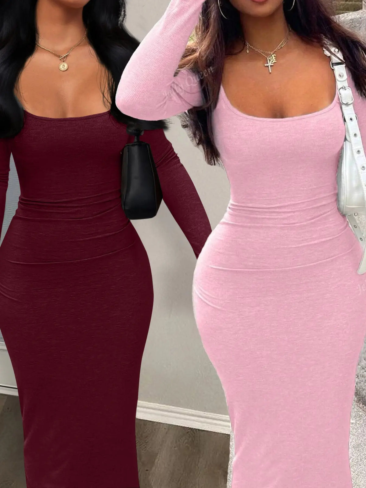 Women's Sexy Plain U Neck Long Sleeve Bodycon Cut Dress, Minimalist Solid Tight Sleeve Long Dress for Fall, Ladies Clothes for Fall, Womenswear, Casual Fashionable Dress, Chic