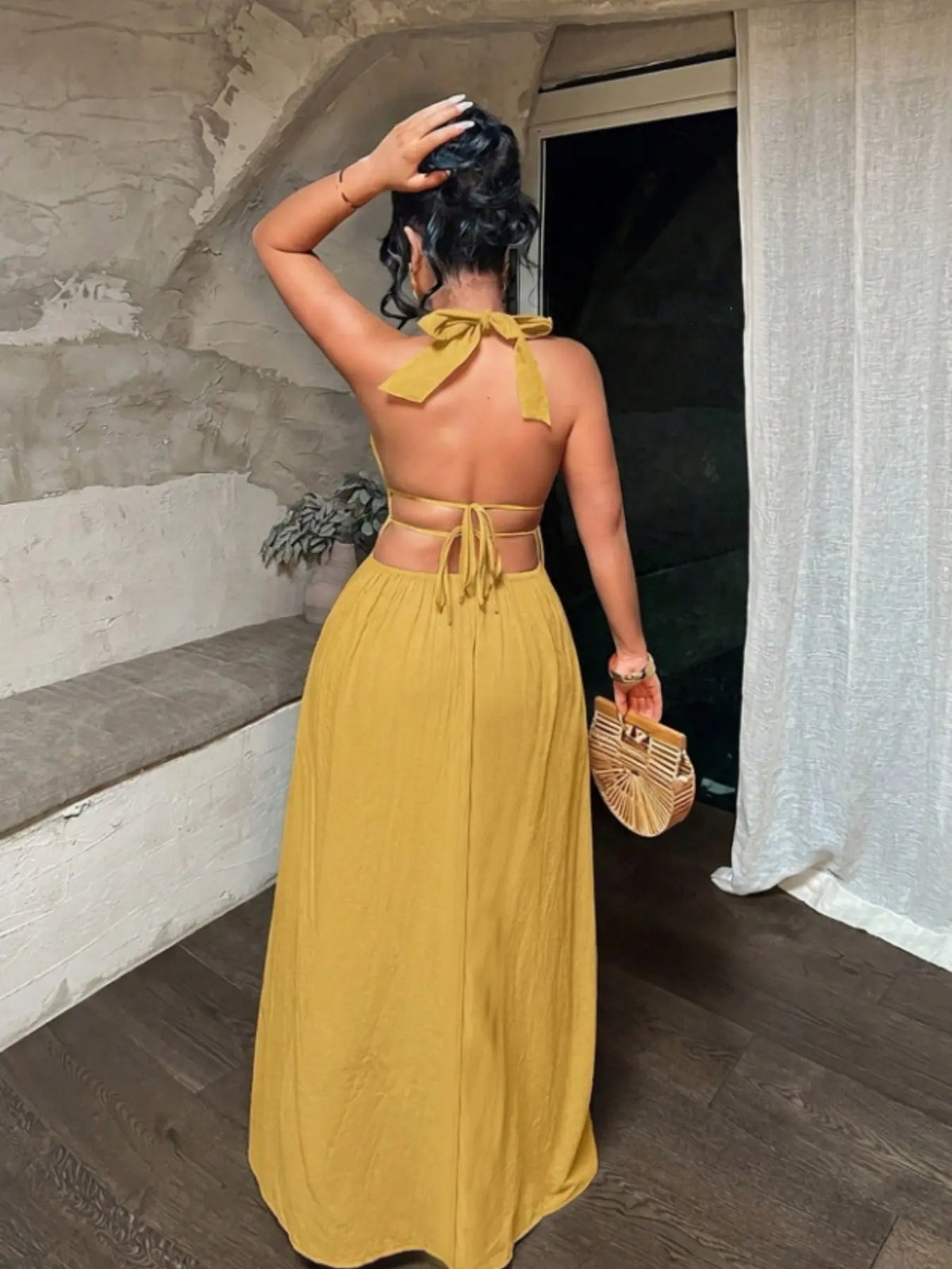 Women's Solid Color Deep V Neck Backless Ruched Design Sexy Maxi Dress,Summer Dresses For Women
