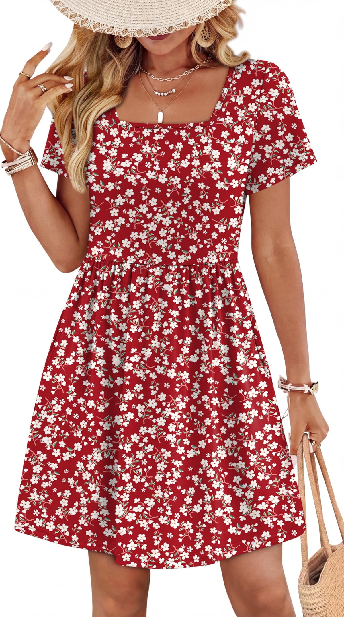 OFEEFAN Womens Summer Dresses 2025 Short Sleeve Square Neck Casual Sundresses with Pockets A-Line Color Block
