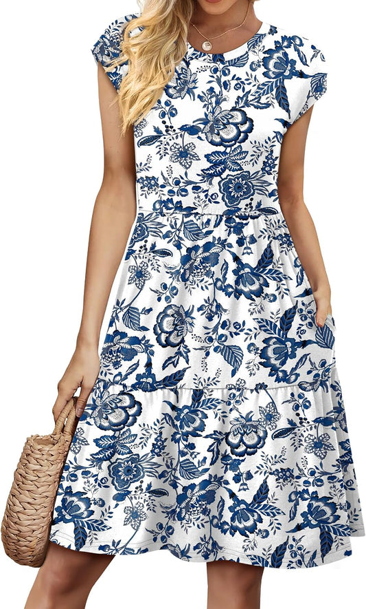 WIHOLL Summer Dresses for Women 2026 Cap Sleeve Casual Sundresses Floral Tiered Swing Fashion Beach Vacation Dress