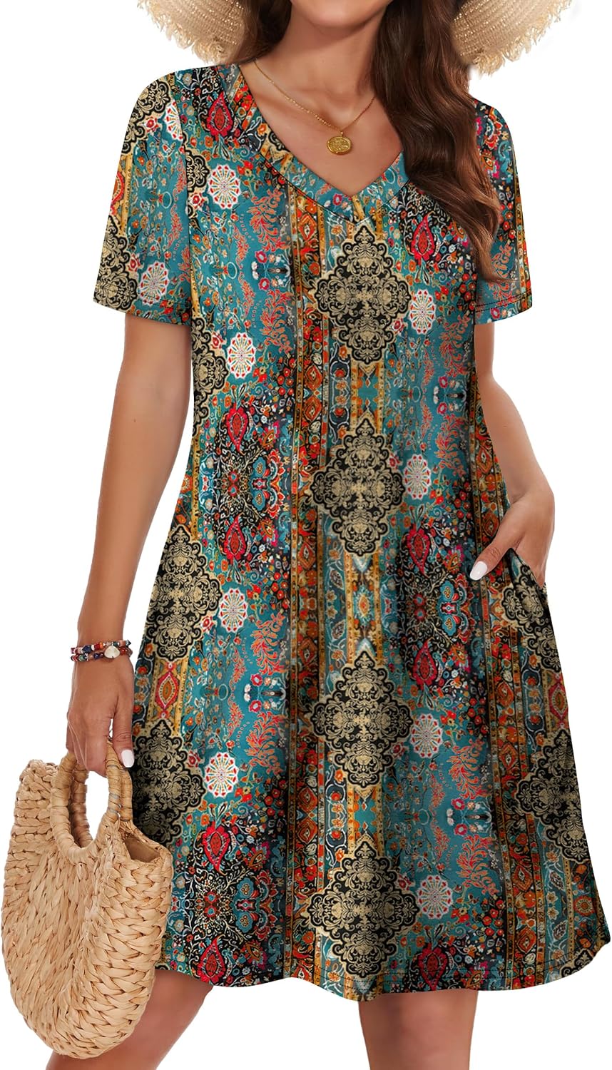 WIHOLL Boho Summer Dresses for Women Casual Loose T Shirt Dress with Pockets Beach Vacation Outfits S-4XL