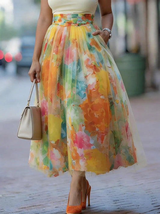 European and American Style Ombre Gradient Floral Pattern Skirt, Casual Everyday Long Skirt, Versatile Summer Wear for Women