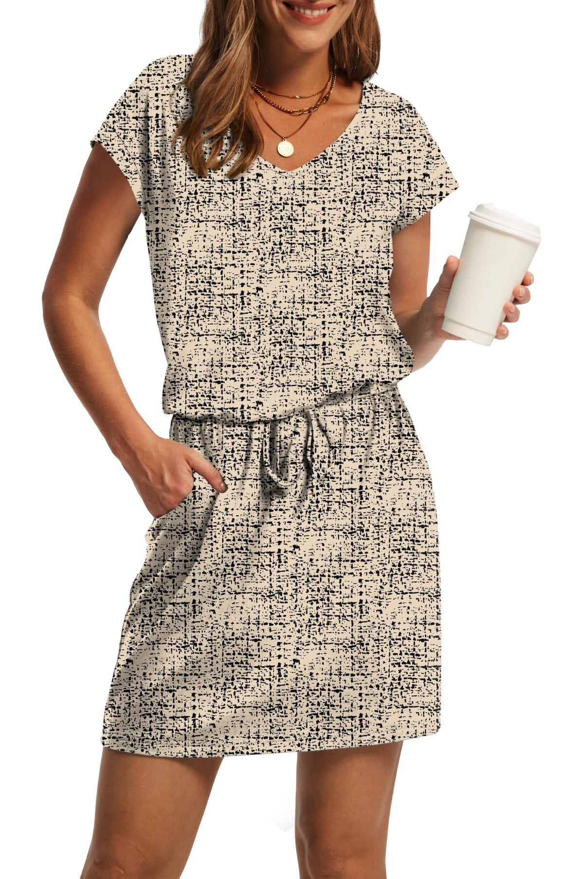 OFEEFAN Summer Dresses for Women 2026 V Neck T Shirt Casual Mini Dresses Tie Waist Sundresses with Pockets