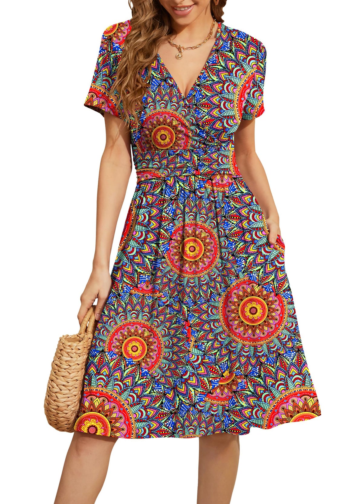 WEACZZY Women's Summer Short Sleeve Casual Dresses V-Neck Floral Party Dress with Pockets