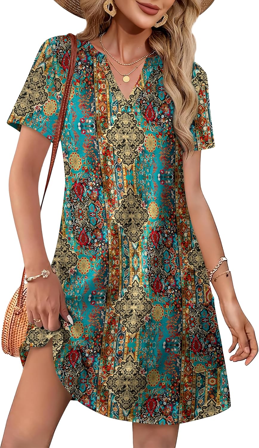 WIHOLL Summer Dresses for Women Casual V Neck Wedding Guest Dress Hawaiian Midi Dress Fashion Beach Vacation Clothes
