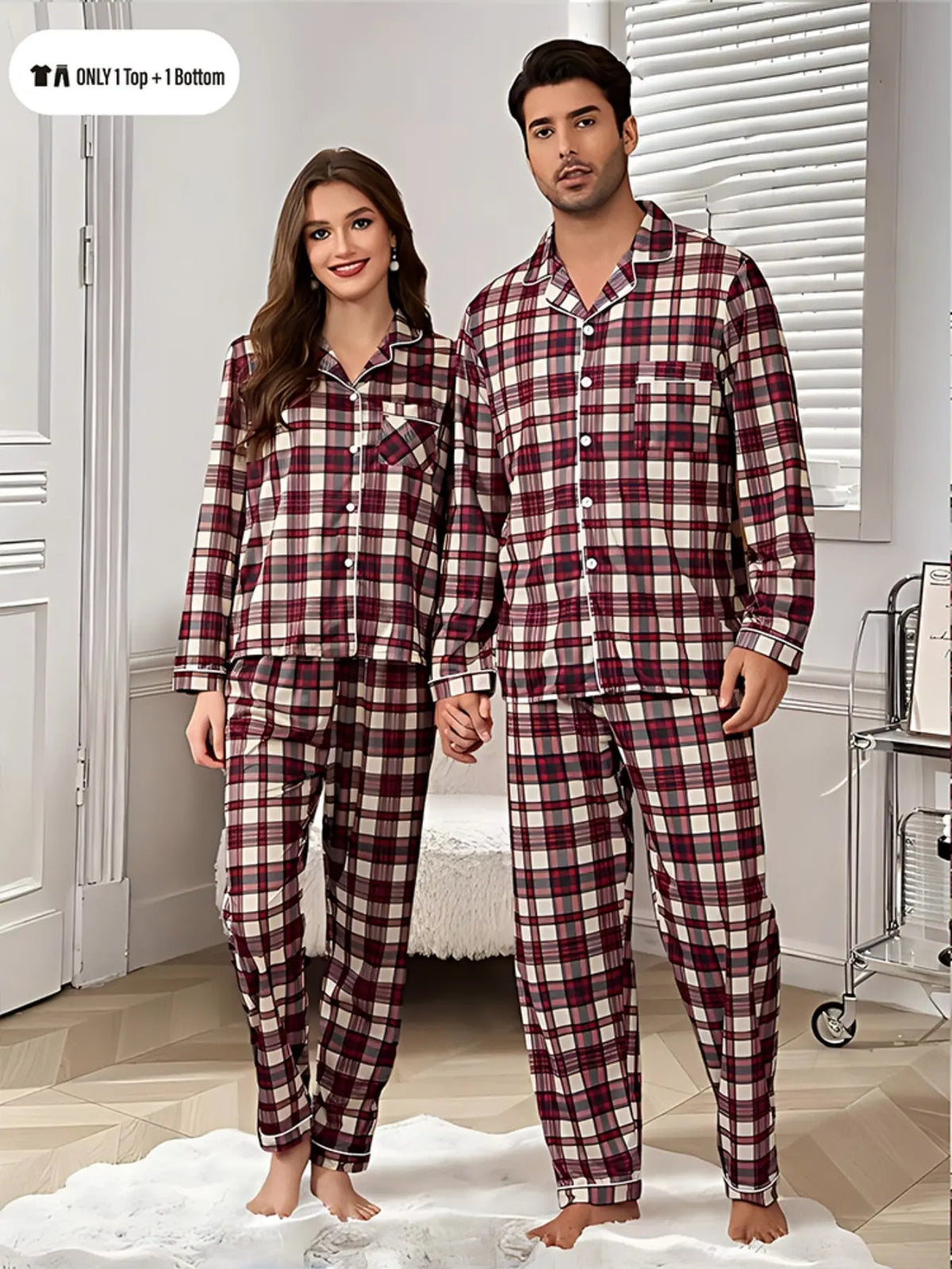 Couple Matching Sleepwear Long Sleeve Casual Soft Two-Piece Pajama Set, Unisex Spring & Fall Home Wear, Comfortable Loungewear for Men and Women