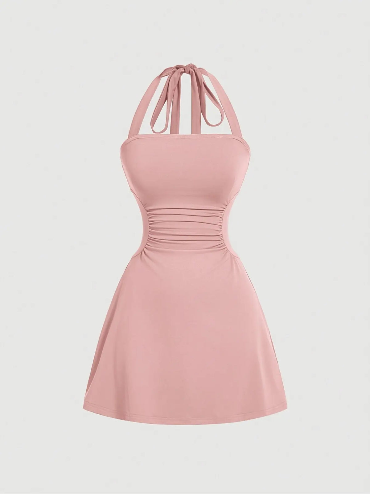 Women's Solid Fit Ruched Tie Back Backless Halter Neck Dress Womenswear Sleeveless A Line Short Dress for Summer, Women's Dress for Beach Holiday Summer Dresses
