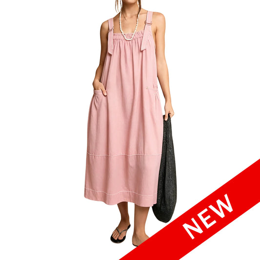 Yeokou Women's Fall Barrel Dress Maxi Cotton Dress with Big Pockets & Adjustable Straps Minimalist