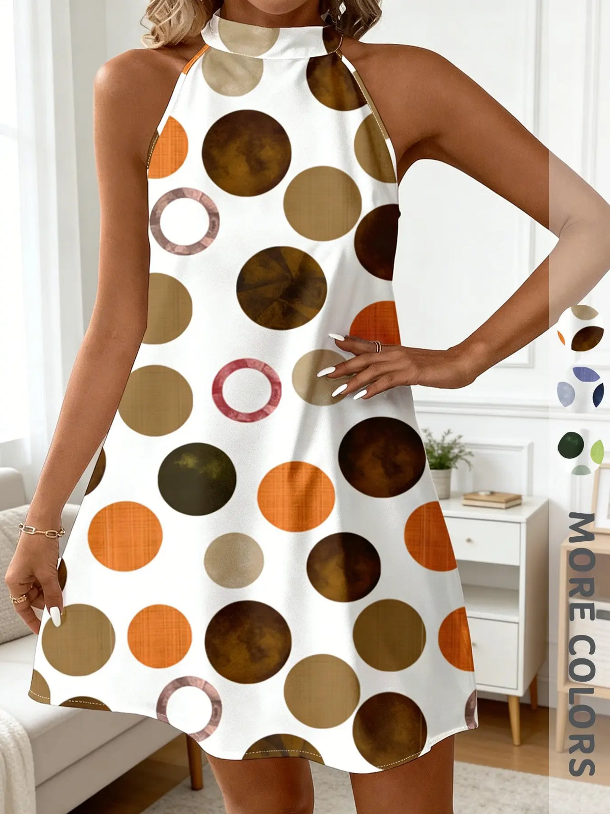 New Summer Women's Halter Dress, Polka Dot Print, Back Tie, Loose A-Line, Knee-Length, Sleeveless, Holiday Style, Unlined, Fashion Sundress
