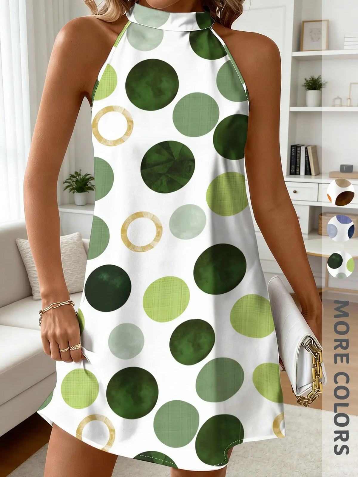 New Summer Women's Halter Dress, Polka Dot Print, Back Tie, Loose A-Line, Knee-Length, Sleeveless, Holiday Style, Unlined, Fashion Sundress
