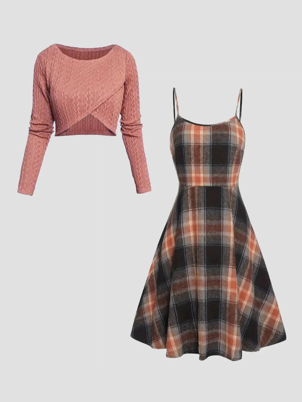 Women's Solid Wrap Hem Round Neck Textured Long Sleeve Crop Top & Plaid Print A-Line Dress Set, Preppy Fashion Cozy Stretchy Casual Chic Outfit for School, Daily & Casual Wear, Women's Clothing for Spring & Fall, Casual Lightweight Dress