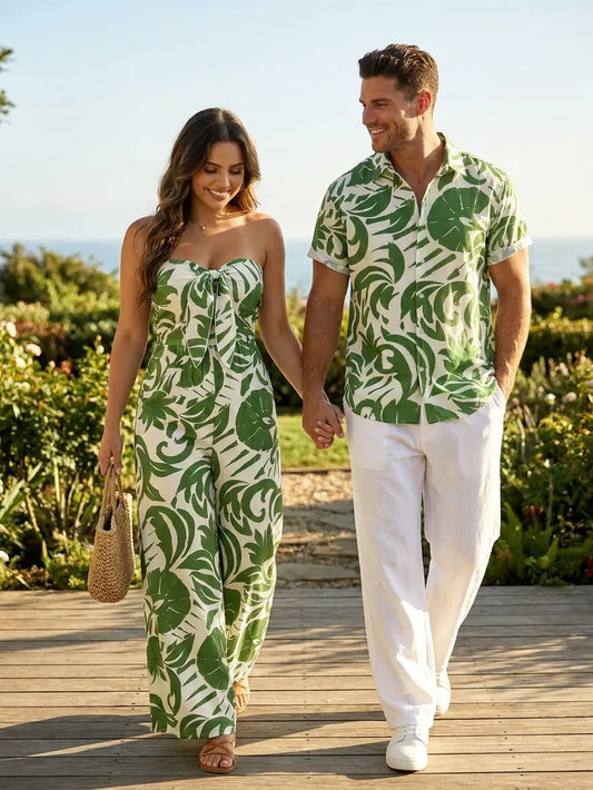 Women's 2-Piece Bowknot Matching Set - Regular Fit, Comfortable Leaf Print Off-the-Shoulder Top & High Waist Wide Leg Fabric Jumpsuit, Vacation Casual Style Outfit