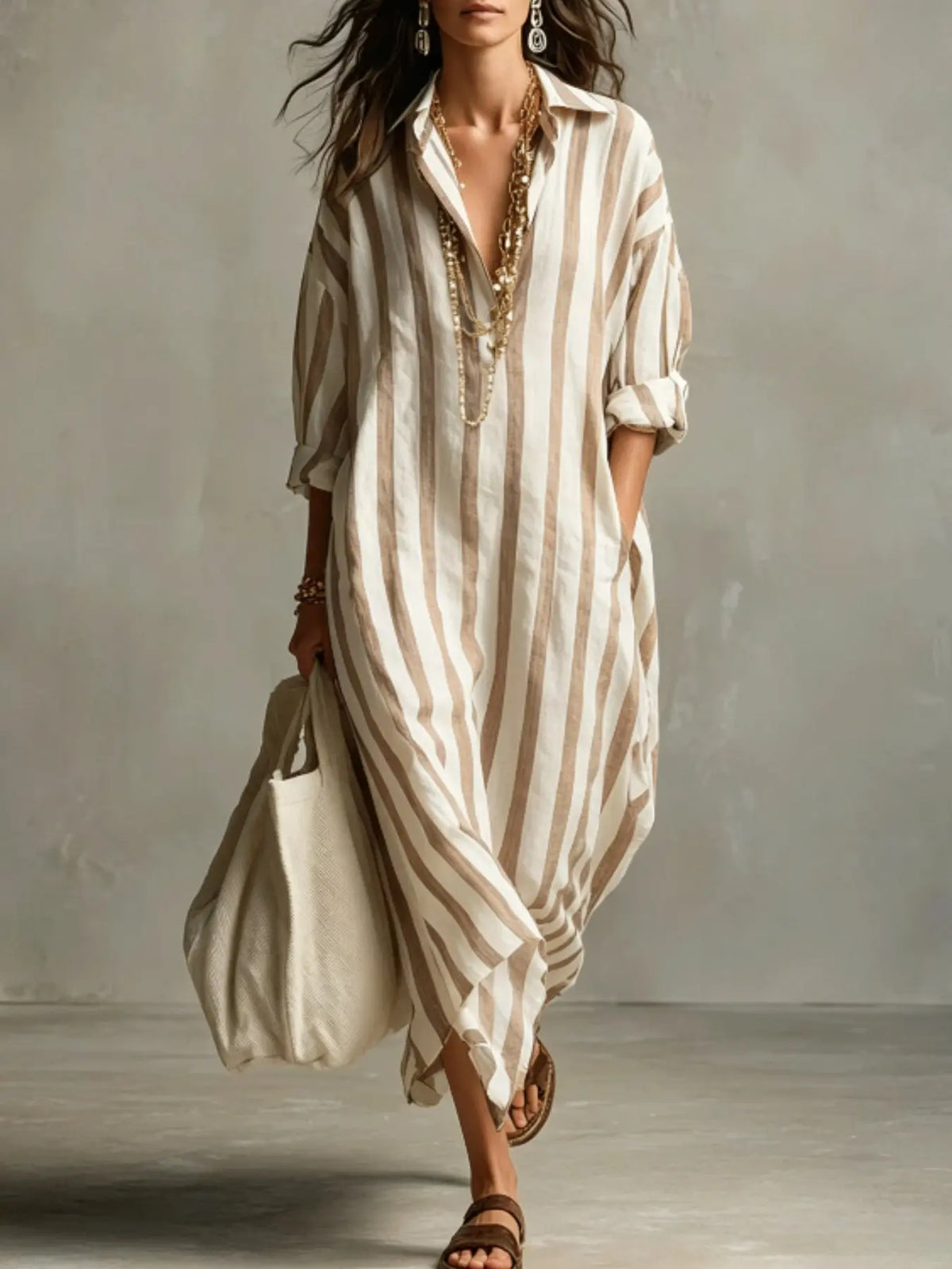 Summer Lightweight Loose Striped Long Shirt Dress, Women's Comfortable Stylish Collared Three-Quarter Sleeve Pocket Dress, Comfortable and Stylish, Casual Comfy Fashion