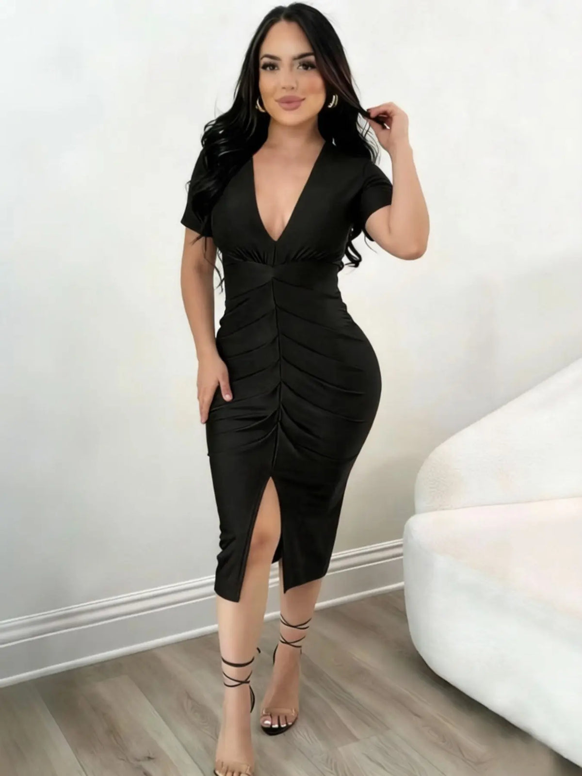 Women's Elegant Chic Plain V-Neck Pleated Dress, Fashion Casual Short-Sleeve Dress for Daily Outdoor Wear, Summer Style Womenswear, Casual Fashionable Dress