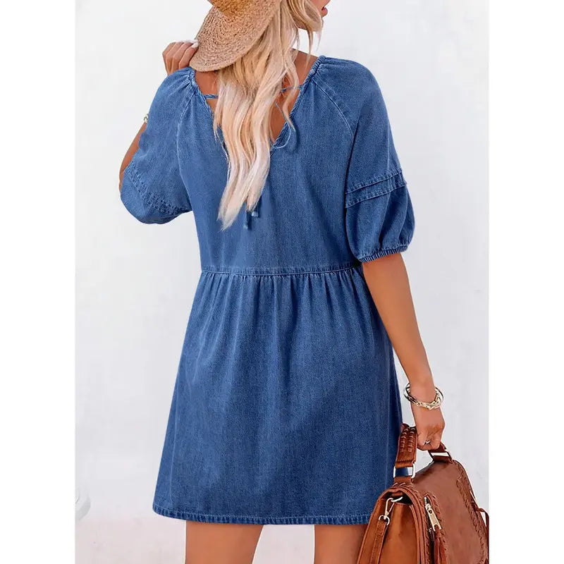 Dokotoo Denim Dress for Women Casual V Neck Puff Short Sleeve Mini Jean Dress Cute Back Tie Summer Dresses