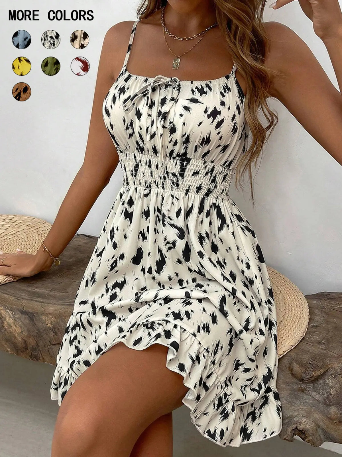 Women's Fashion Print Slim-Fit Mini Dress Spaghetti Strap Design, All-Season Wear, Unlined Comfortable Style Summer Dresses #GLOBAL PICKS