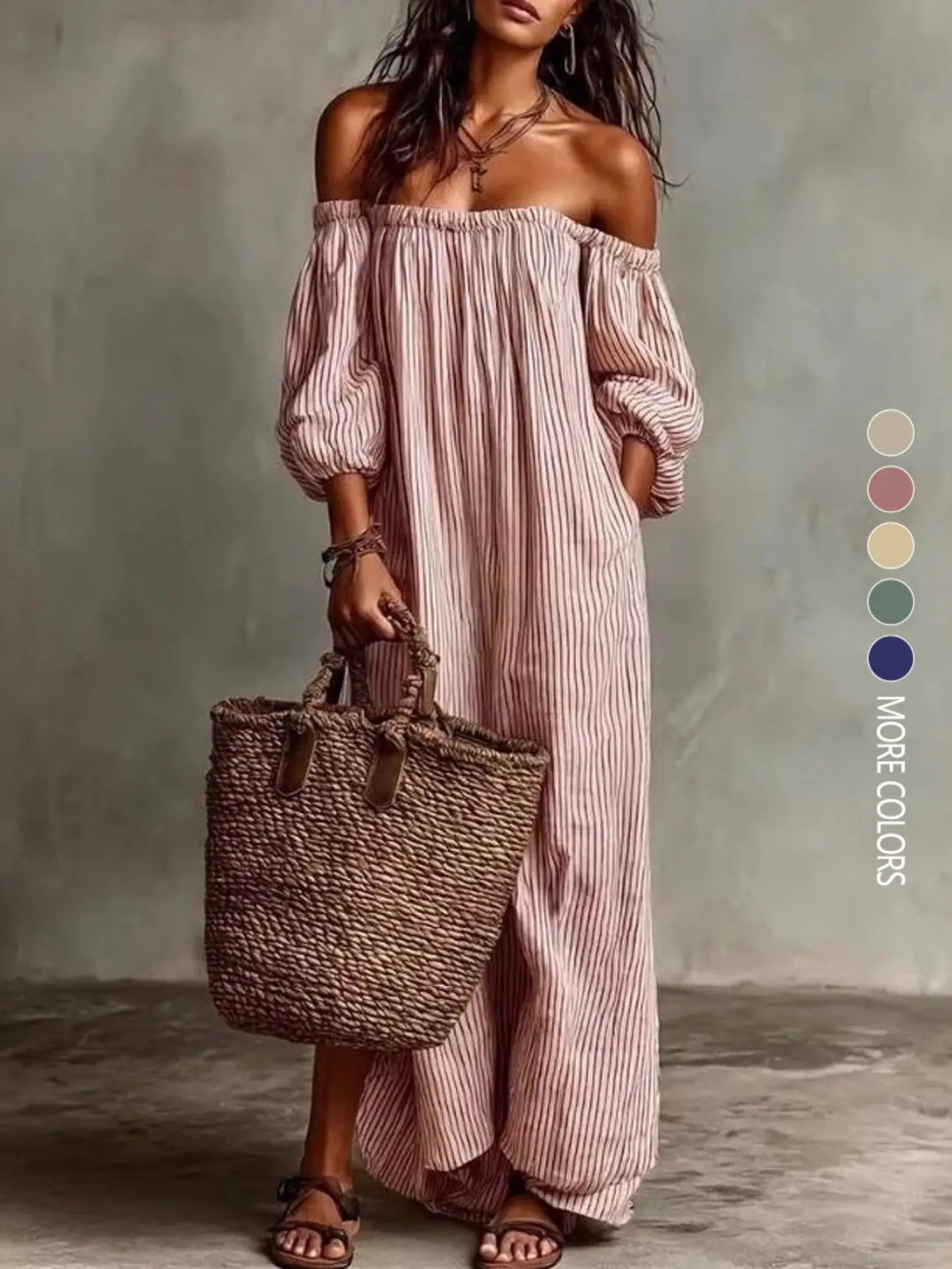 Summer New Elegant Chic Loose Off-Shoulder Striped Dress Sundress