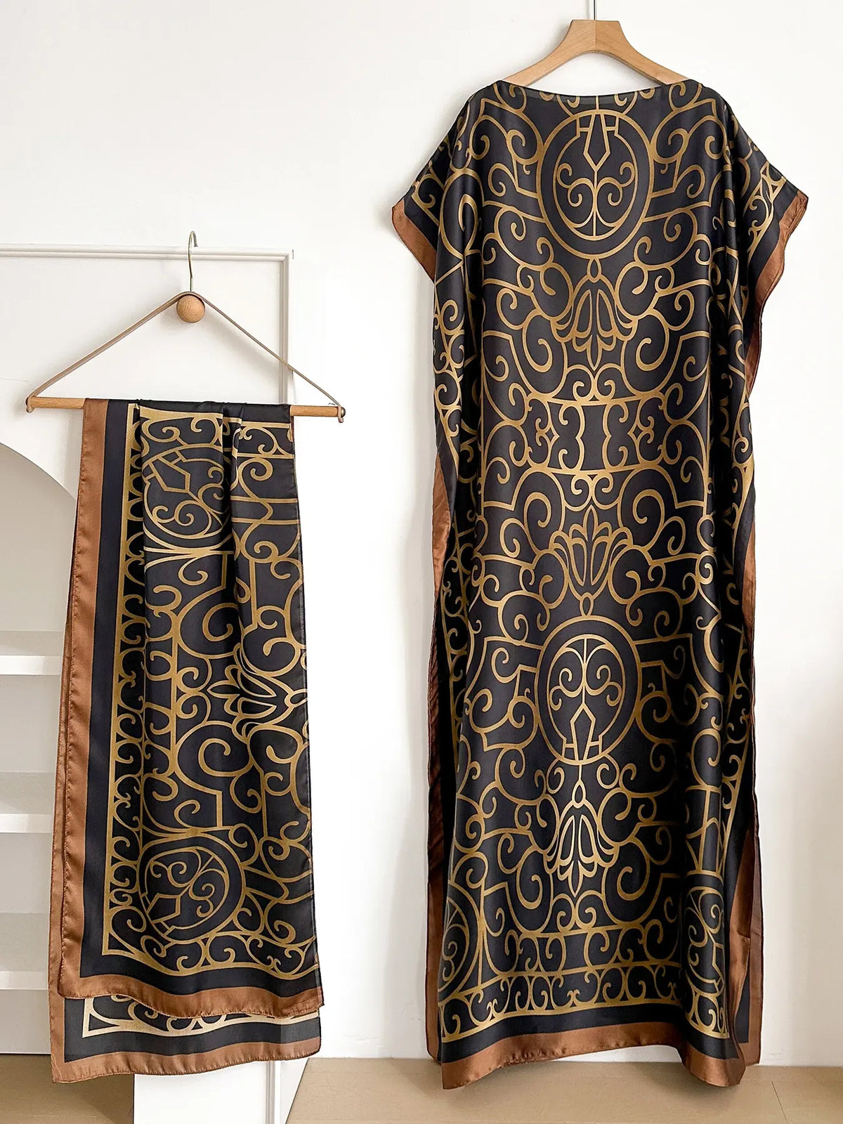 Women's Fashion Print Long Robe Outfit Set, Moomoo Dress + Scarf Headband, Casual Woven Fabric Thin All-Season Wear, Beach Sun Protection