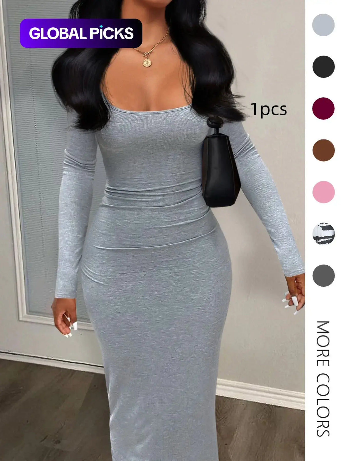 Women's Sexy Plain U Neck Long Sleeve Bodycon Cut Dress, Minimalist Solid Tight Sleeve Long Dress for Fall, Ladies Clothes for Fall, Womenswear, Casual Fashionable Dress, Chic