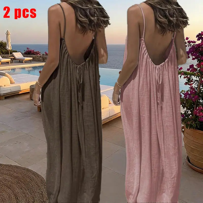 GYNLEUX Women's Basic Solid Color Backless Cami Dress - 1-3 Pcs, Comfortable Fabric Casual Women's Clothing for Summer Beach Holiday Sleeveless Dress, Backless Dress