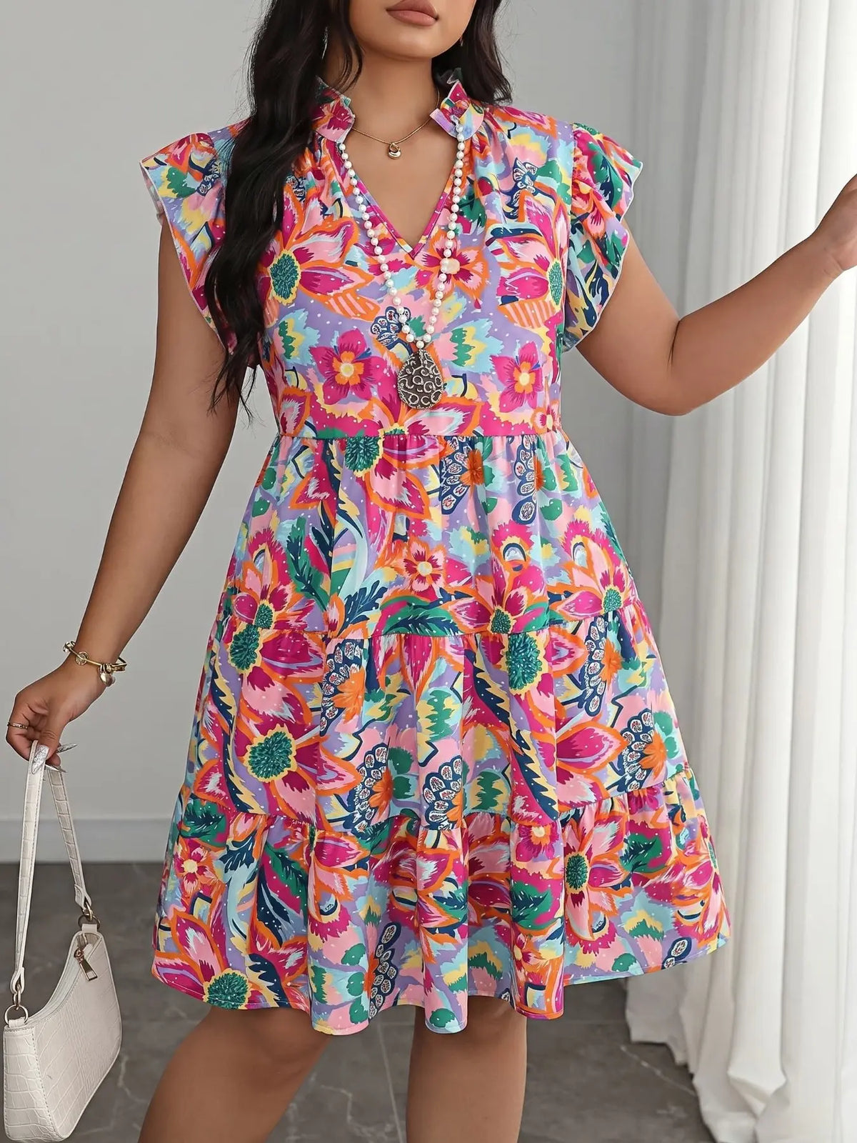 Plus Size Boho Tropical Print Summer Dress, Boho Sundress, Boho Printed Dress, Deep V Neck, Loose Fit, Casual, Short Sleeve, Knee Length, Bohemian Elegant Style, Perfect for Vacation & Daily Wear