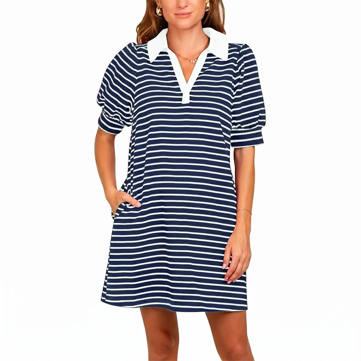 Imily Bela Women's Summer Lapel Collared V Neck Striped Dress Casual Puff Short Sleeve Polo Tshirt Dresses with Pockets