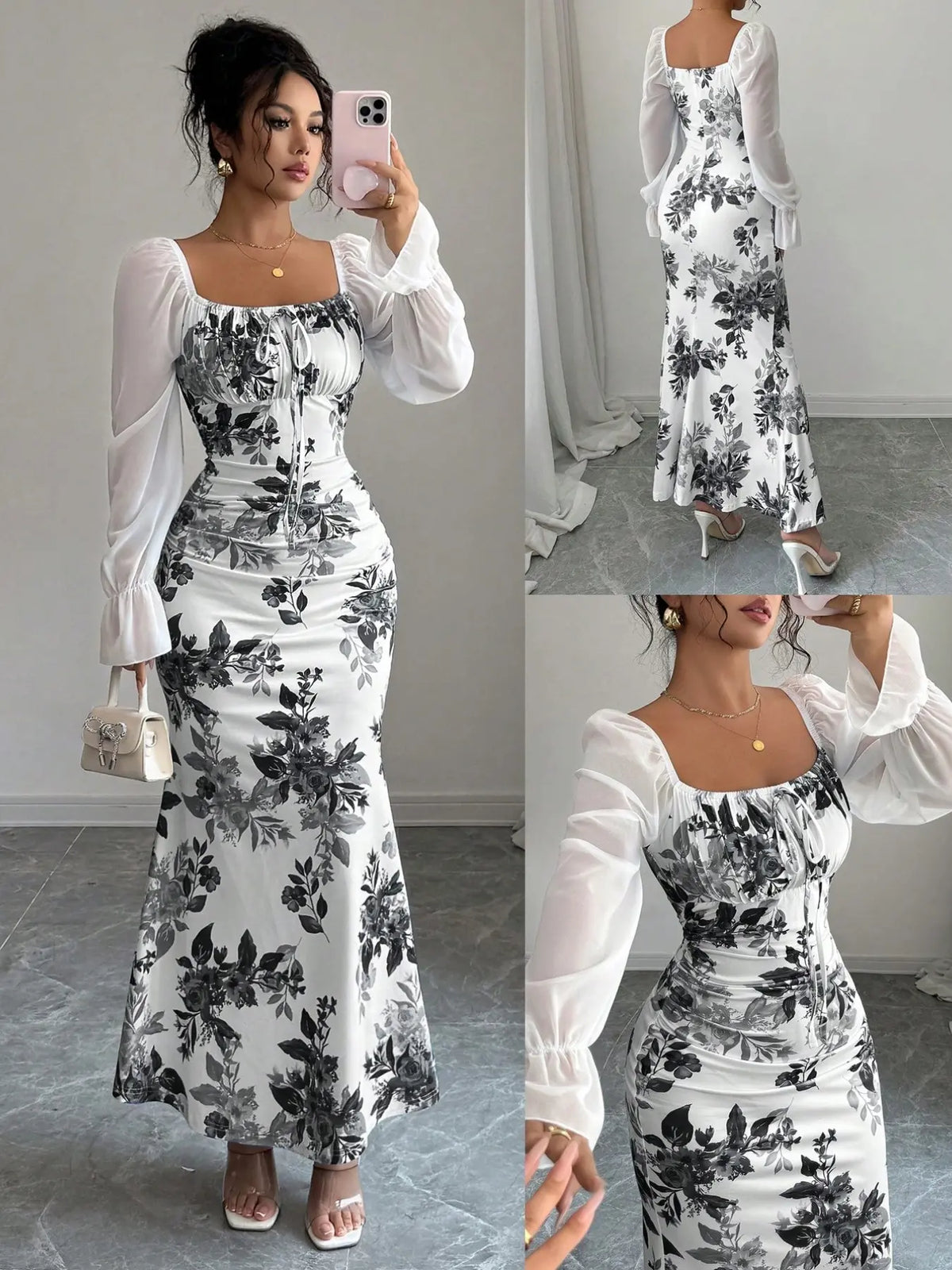 New Women's Floral Pattern Square Neck Tie Front Bubble Sleeve Chiffon Dress Summer Dresses, Casual Boho Breathable, Elegant Long Dress for Parties, Casual Wear, Chic Slim-Fit Dress for Spring, Summer and Fall, Boho Style Clothes
