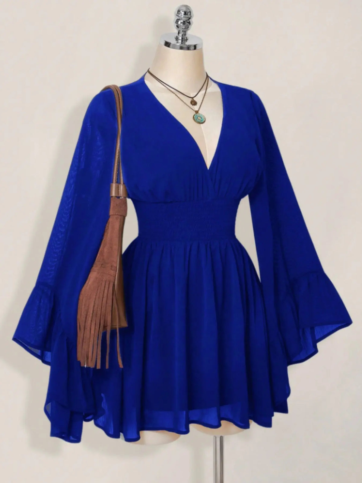 Women's Gothic Style V Neck Waist Cinched Dress, Elegant Chic Long Sleeve Mini Dress, Autumn/winter Lantern Sleeve Dress