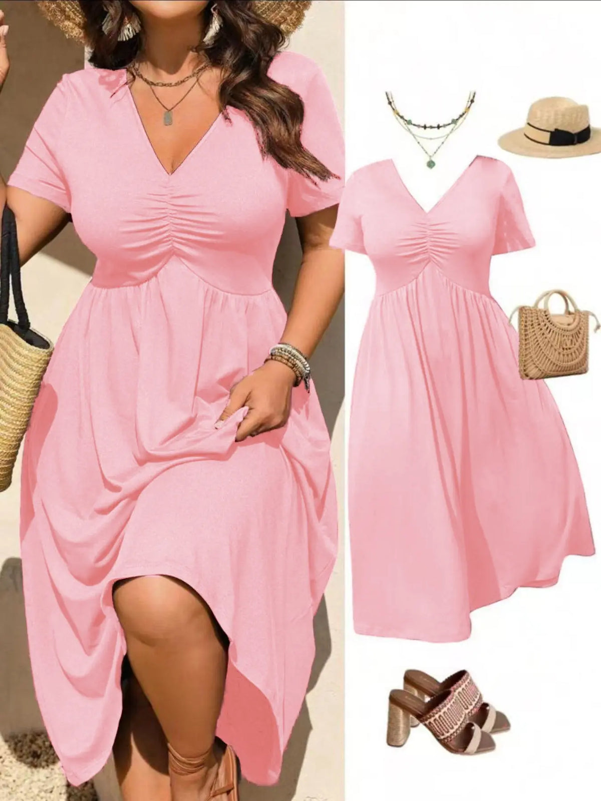 Plus Size Basic V-Neck Ruched Short Sleeve Midi Dress, Casual Summer Flowy A-Line Dress, Women's Fashion Clothing, Casual Wear