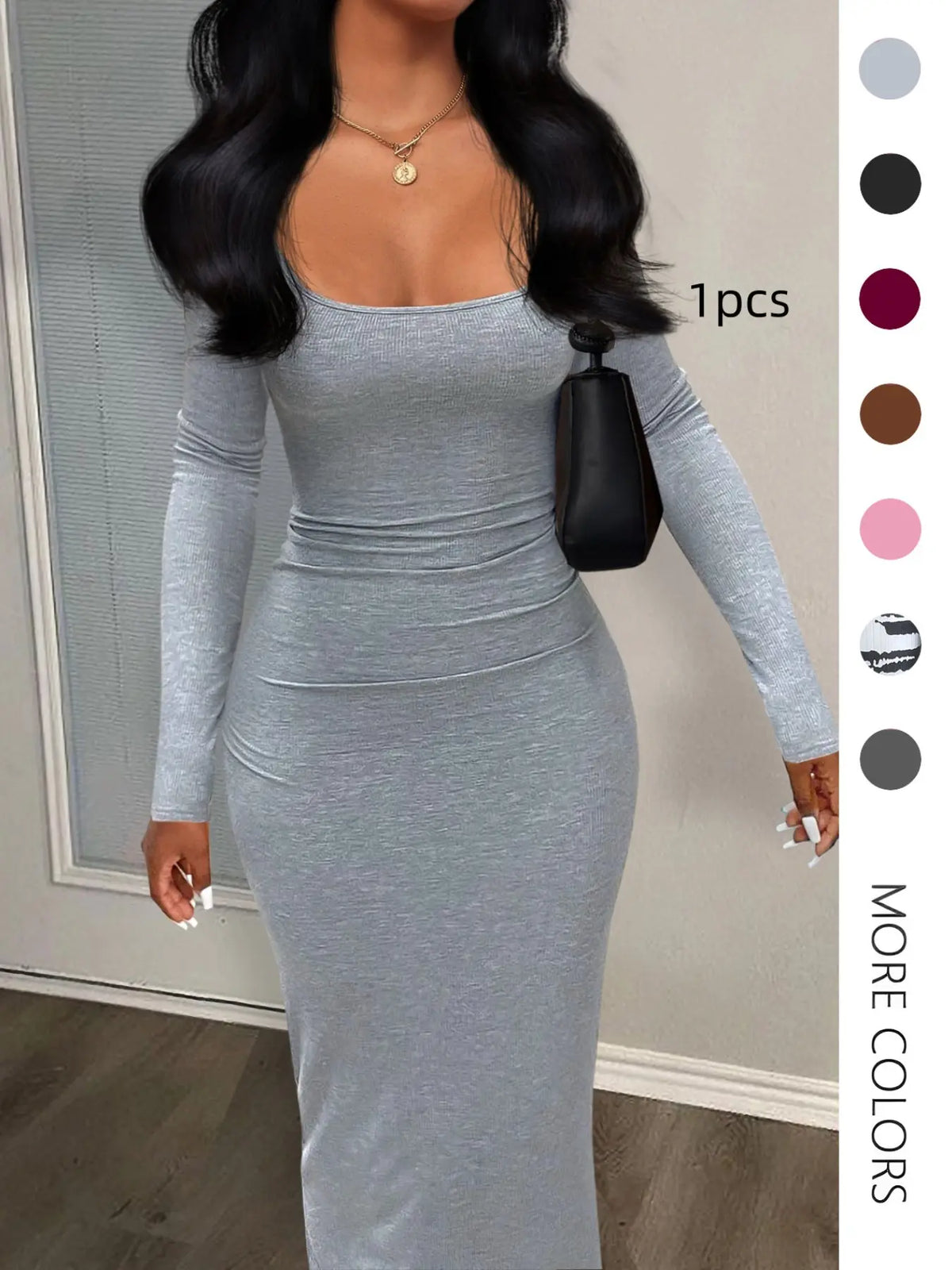 Women's Sexy Plain U Neck Long Sleeve Bodycon Cut Dress, Minimalist Solid Tight Sleeve Long Dress for Fall, Ladies Clothes for Fall, Womenswear, Casual Fashionable Dress, Chic