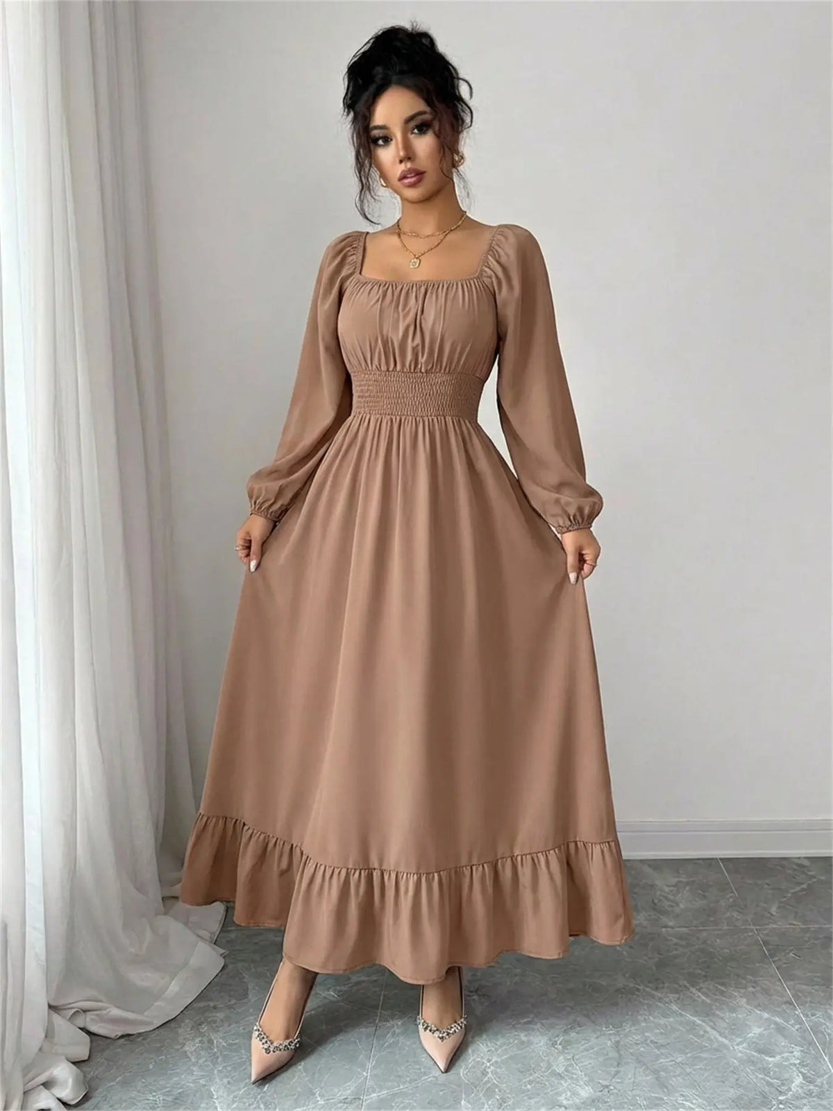Spring & Fall Casual Lady Womenswear Square Neck Long Sleeve Ruched Waist Pleated Beach Vacation Mid-Length Solid Color Dress Casual Elegant Dresses Casual Boho Chic Boho Fashion Dress Style Elegant