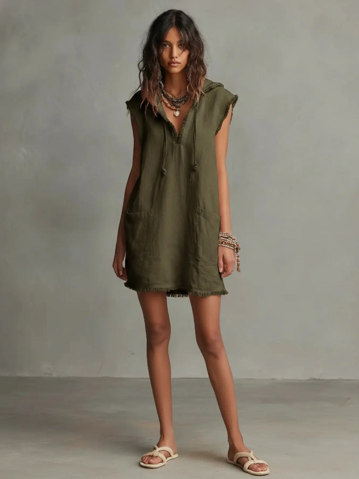 Minimalist Lightweight Linen Blend Sleeveless Dress with Hat, Summer V-Neck Frayed Edge Short Mini Dress, Women's Vacation