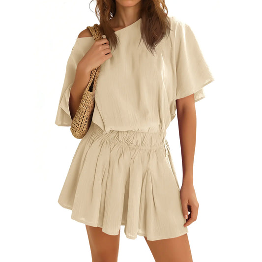 Yousify Women's Solid Off-the-Shoulder Summer Mini Dress - Loose, Cinched Waist, Ruffled A-Line, Short Batwing Sleeves, Casual Stylish Women's Dresses