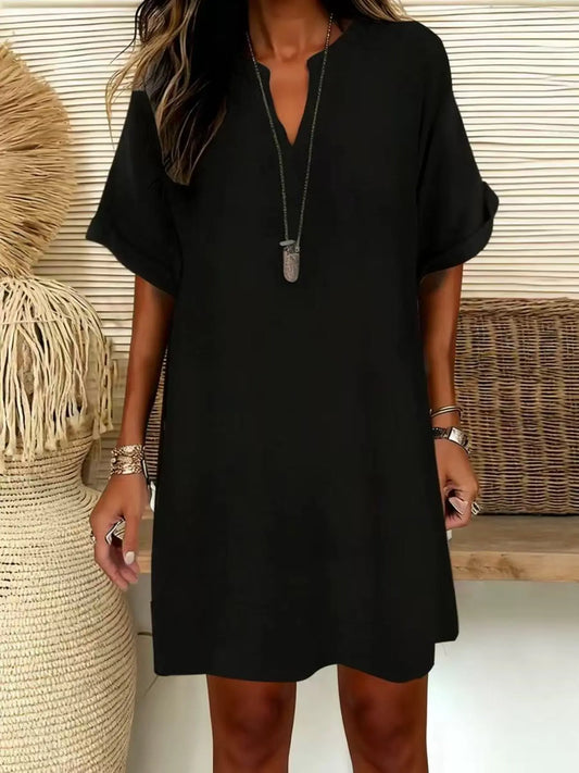 Women's Simple Minimalist Solid-Color V-Neck Short-Sleeve Midi A-Line Dress, Loose-Fitting Retro Casual Summer Style for All Seasons, Womenswear