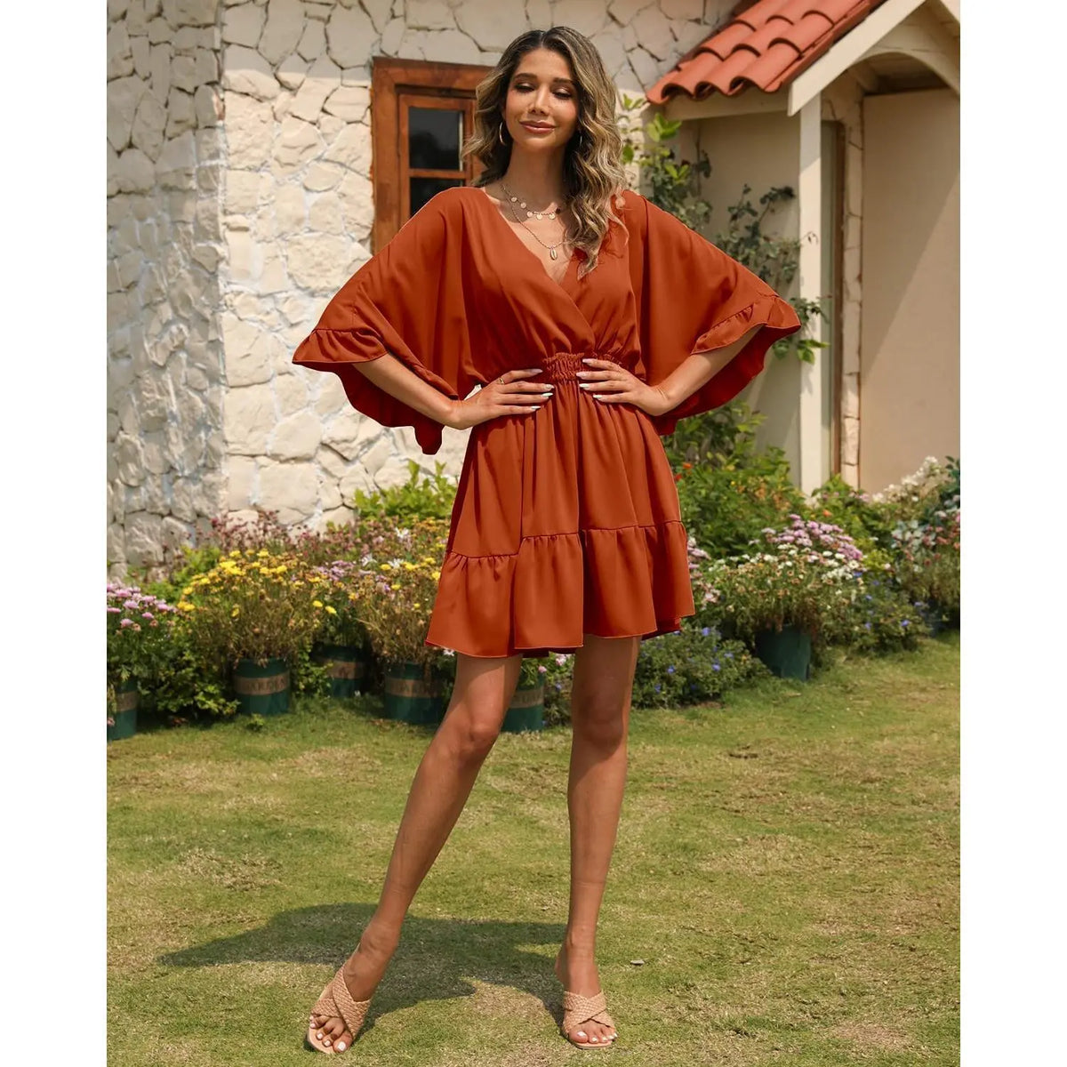 Imily Bela Womens V Neck Casual Dresses Summer Loose High Waist Ruffle Pleated Cute Mini Short Dress